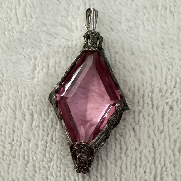 Vintage Art Deco Pink Glass Silver Tone Pendant - Picture 1 of 3